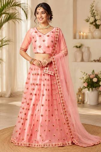 pink net embroidered lehenga choli