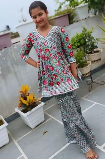 Red green floral anarkali set