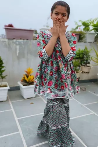 Red green floral anarkali set