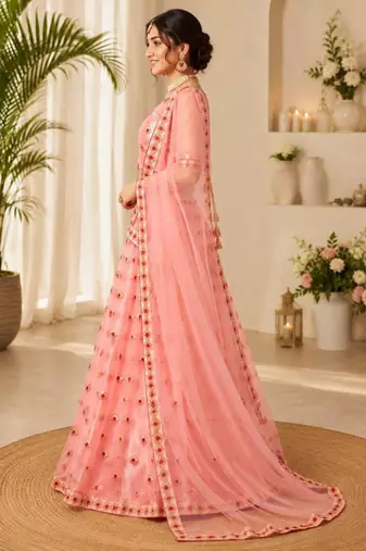 pink net embroidered lehenga choli