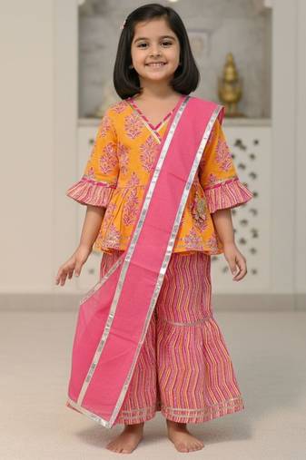 Yellow pink block anarkali set