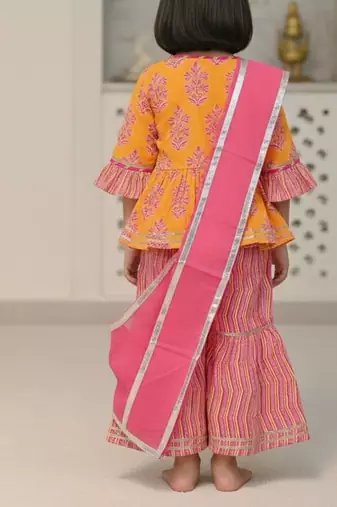 Yellow pink block anarkali set