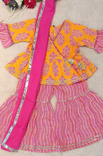 Yellow pink block anarkali set