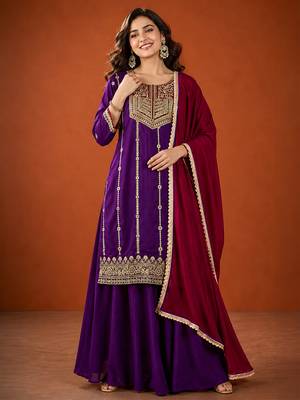 Embroidery Vichitra Silk Fabric Straight Kurta Sharara and Dupatta Set 1