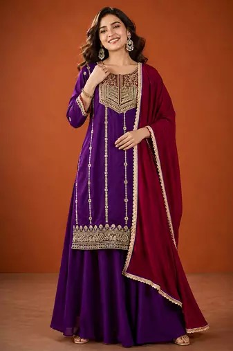Embroidery Vichitra Silk Fabric Straight Kurta Sharara and Dupatta Set