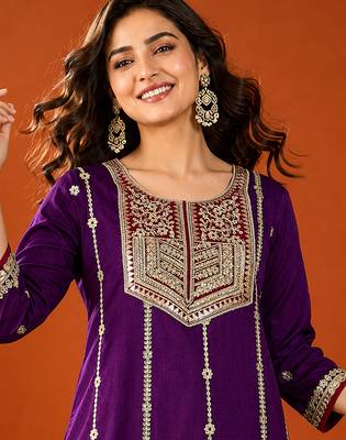 Embroidery Vichitra Silk Fabric Straight Kurta Sharara and Dupatta Set 2