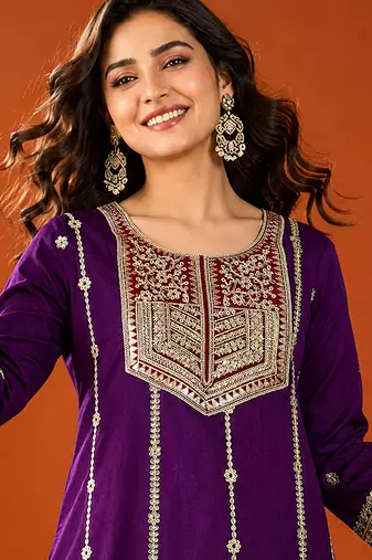 Embroidery Vichitra Silk Fabric Straight Kurta Sharara and Dupatta Set