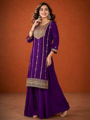 Embroidery Vichitra Silk Fabric Straight Kurta Sharara and Dupatta Set 3
