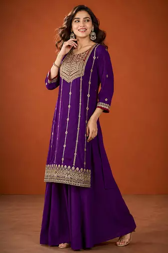 Embroidery Vichitra Silk Fabric Straight Kurta Sharara and Dupatta Set