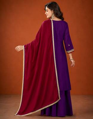 Embroidery Vichitra Silk Fabric Straight Kurta Sharara and Dupatta Set 4