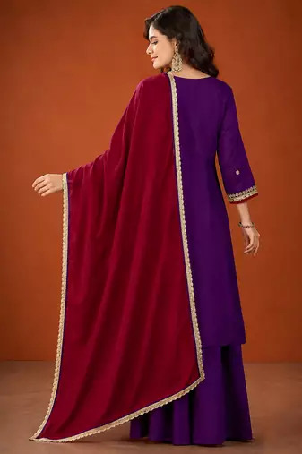 Embroidery Vichitra Silk Fabric Straight Kurta Sharara and Dupatta Set