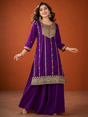 Embroidery Vichitra Silk Fabric Straight Kurta Sharara and Dupatta Set 5