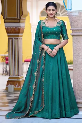sea green silk blend plain lehenga choli