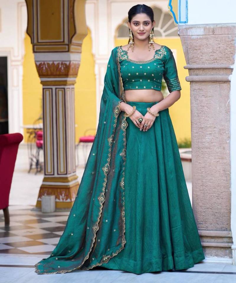 sea green silk blend plain lehenga choli