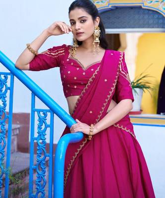 rani pink silk blend plain lehenga choli 3