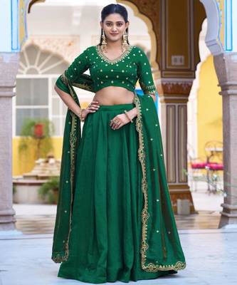 green silk blend plain lehenga choli 1