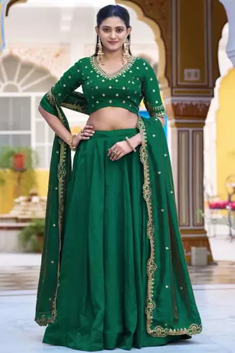 green silk blend plain lehenga choli