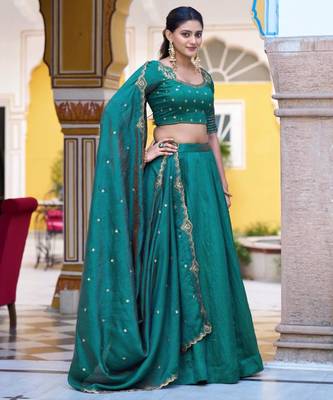 sea green silk blend plain lehenga choli 2