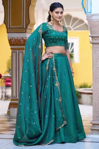 sea green silk blend plain lehenga choli