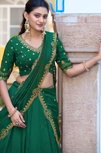 green silk blend plain lehenga choli