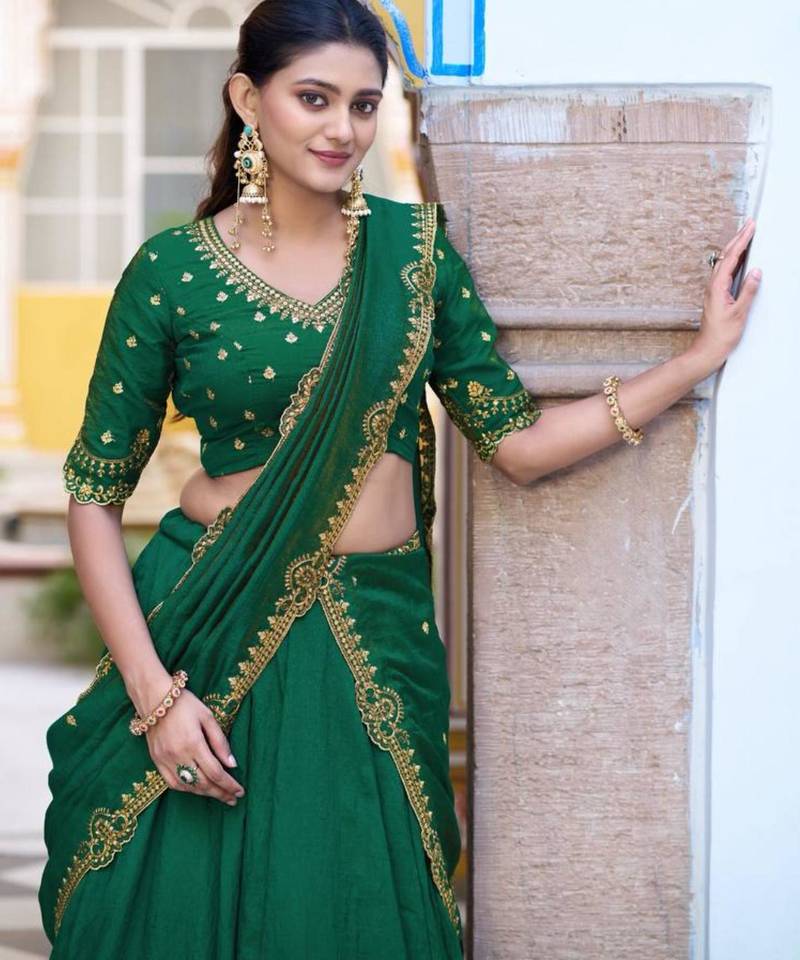 green silk blend plain lehenga choli