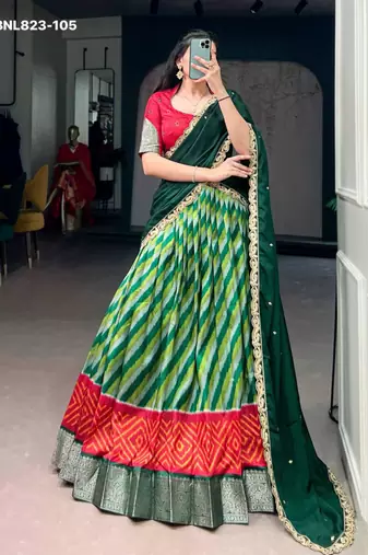 green silk blend printed Traditional lehenga choli