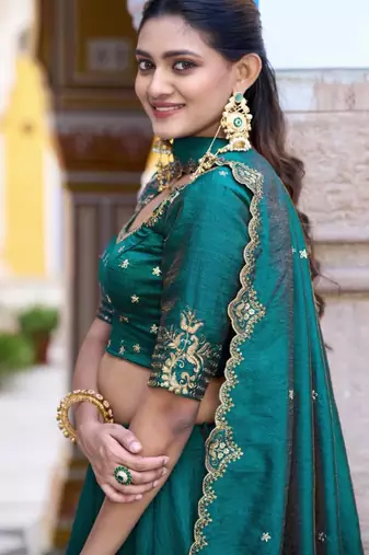sea green silk blend plain lehenga choli