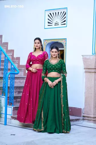 green silk blend plain lehenga choli