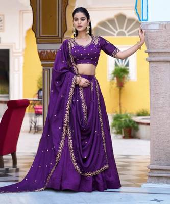 purple silk blend plain lehenga choli 1