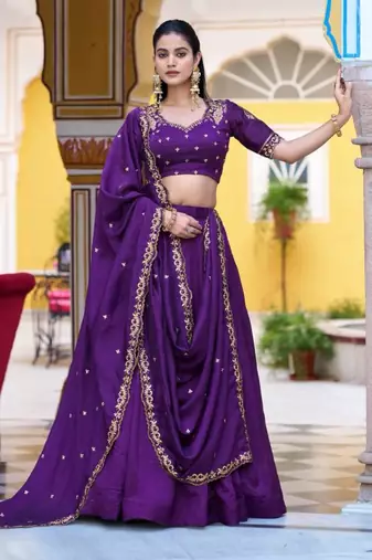purple silk blend plain lehenga choli