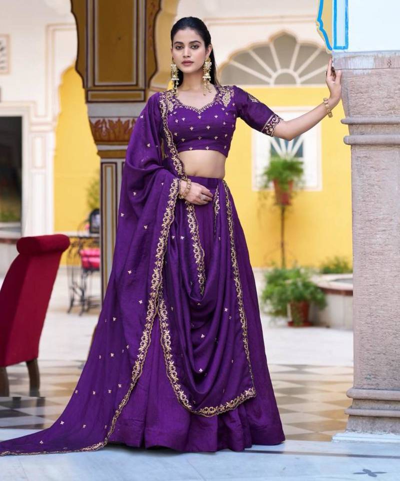 purple silk blend plain lehenga choli