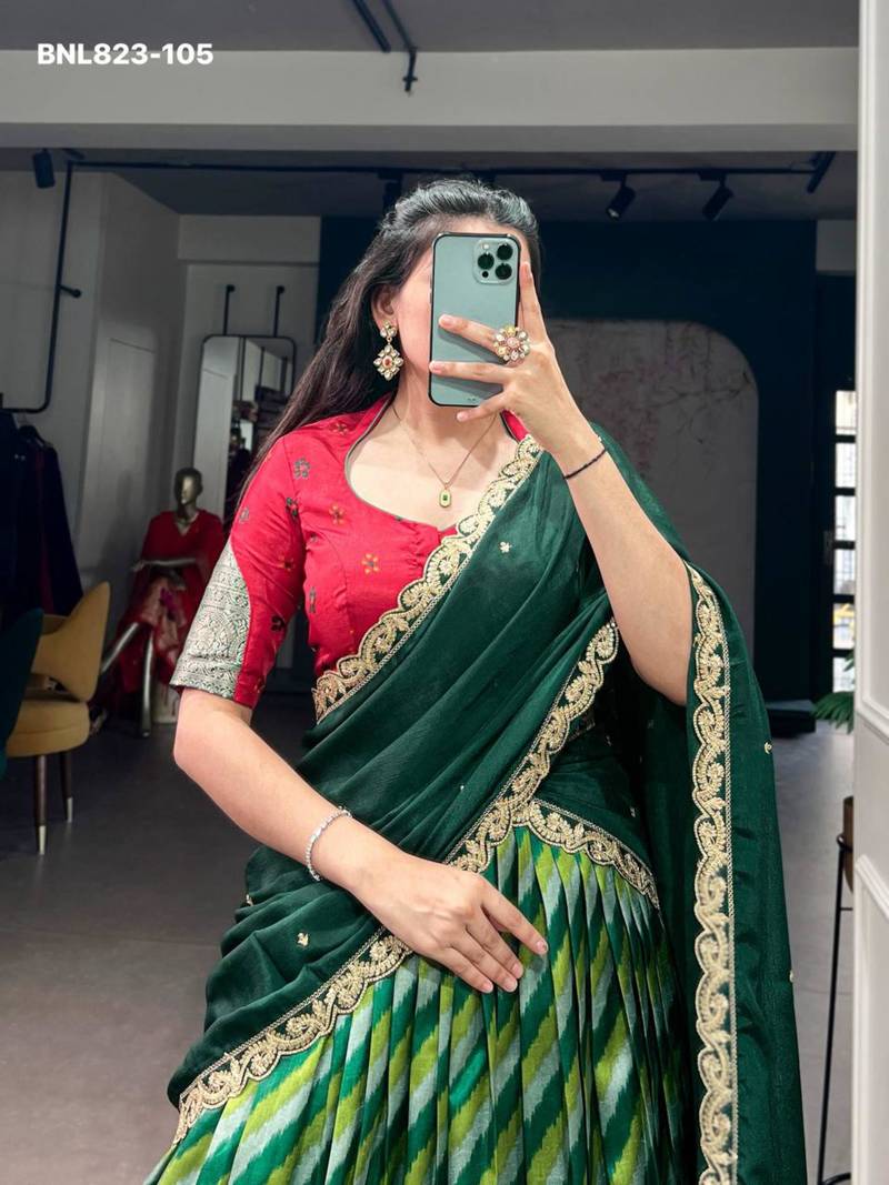 green silk blend printed Traditional lehenga choli