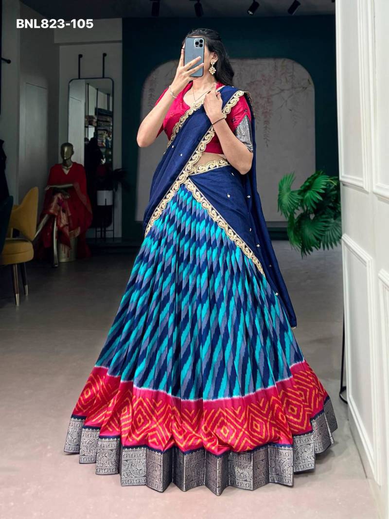blue silk blend printed Traditional lehenga choli