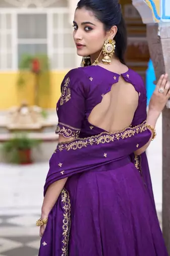 purple silk blend plain lehenga choli
