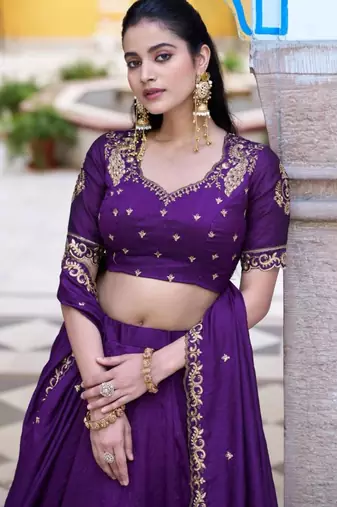 purple silk blend plain lehenga choli