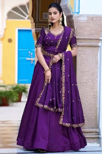 purple silk blend plain lehenga choli
