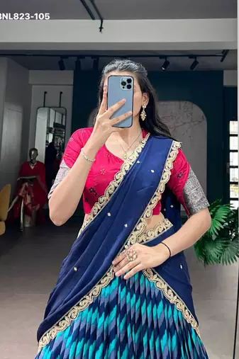 blue silk blend printed Traditional lehenga choli
