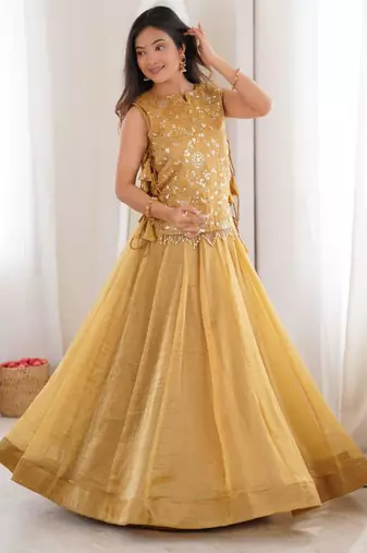 mustard silk blend plain lehenga choli