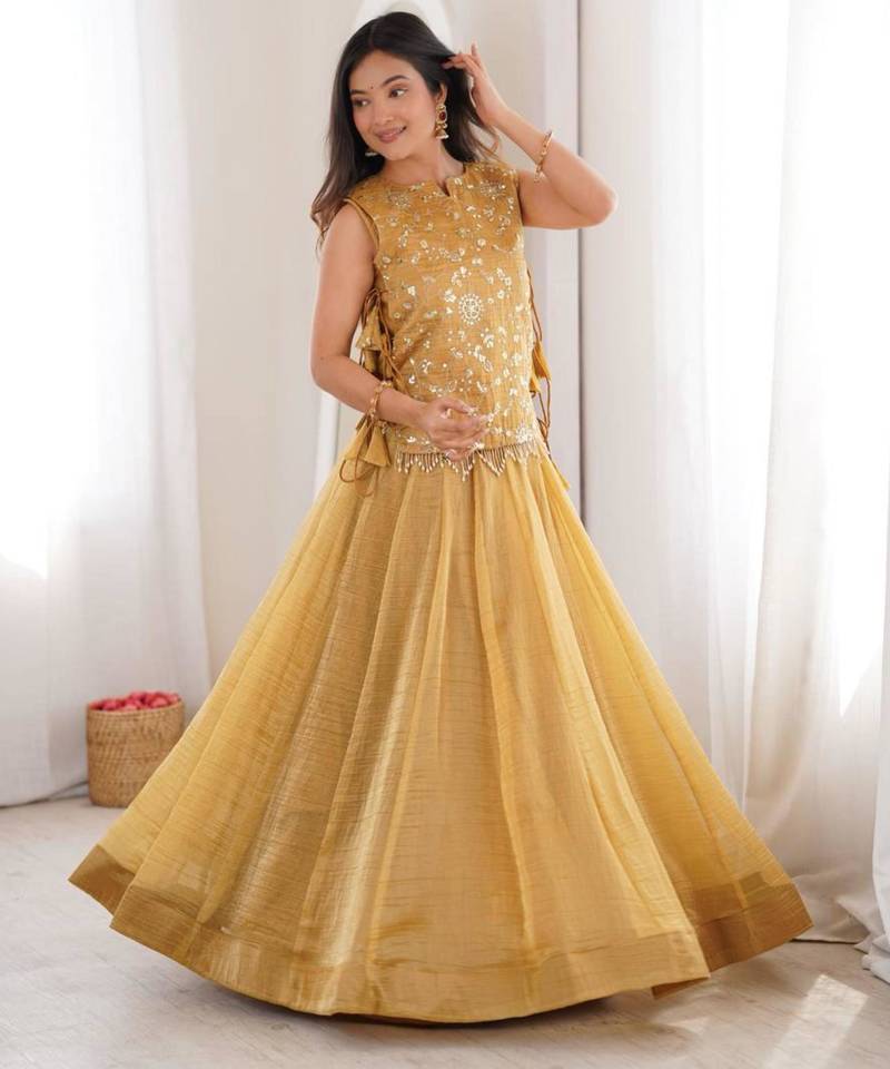mustard silk blend plain lehenga choli