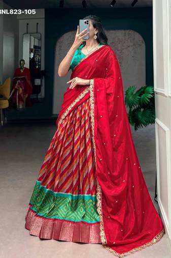 red silk blend printed Traditional lehenga choli