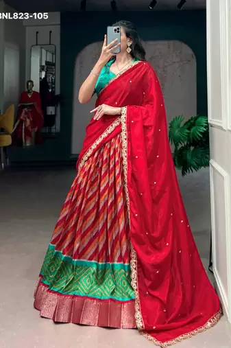 red silk blend printed Traditional lehenga choli