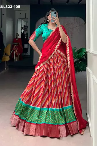 red silk blend printed Traditional lehenga choli