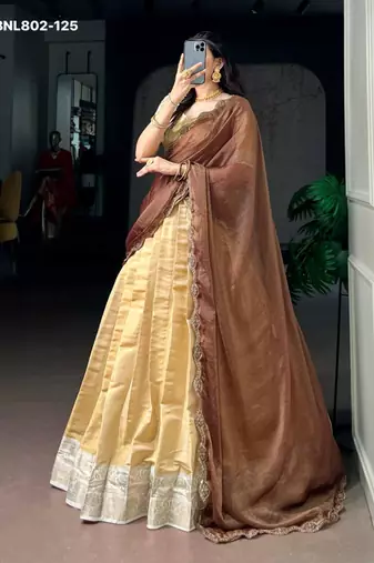 beige silk blend plain lehenga choli