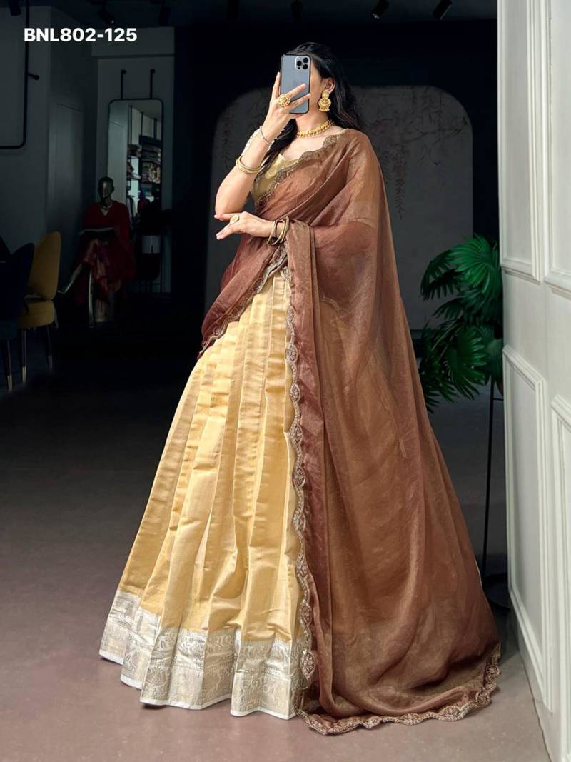 beige silk blend plain lehenga choli