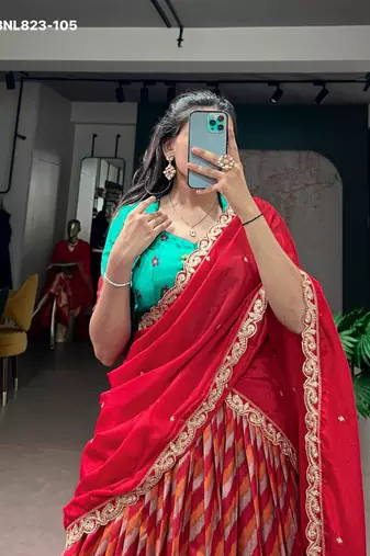 red silk blend printed Traditional lehenga choli