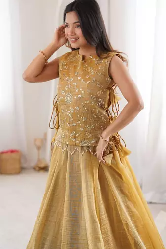mustard silk blend plain lehenga choli