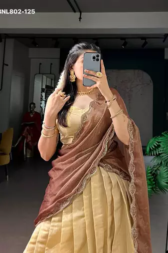beige silk blend plain lehenga choli