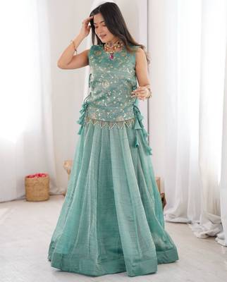 sky blue silk blend plain lehenga choli 1