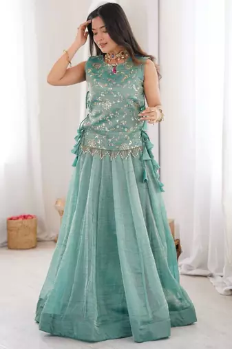 sky blue silk blend plain lehenga choli