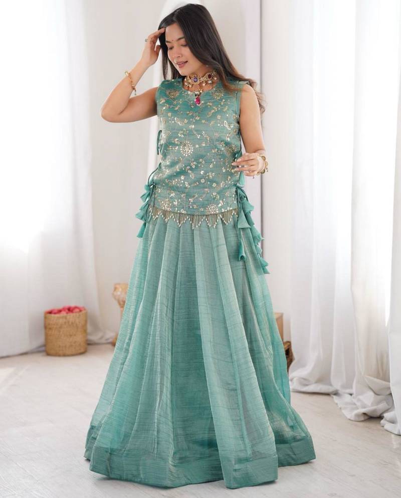 sky blue silk blend plain lehenga choli
